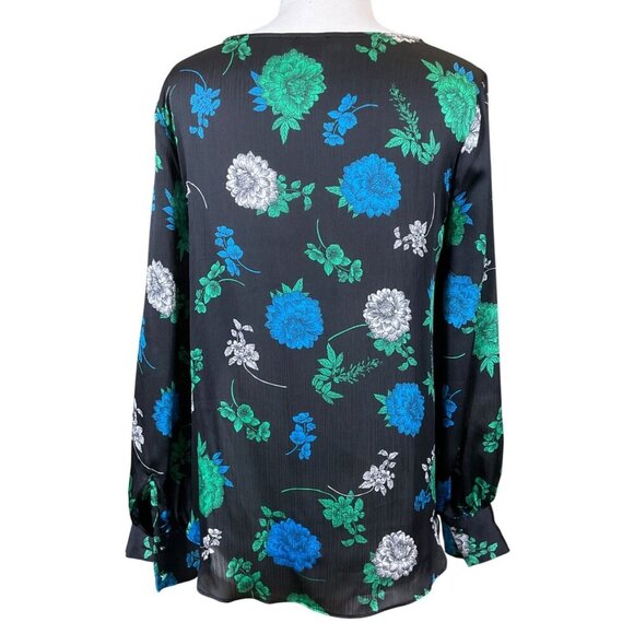 Floral Print Vince Camuto Long Sleeve Fold Over Hem Black/Green/Blue Top NWOT M - Picture 4 of 8